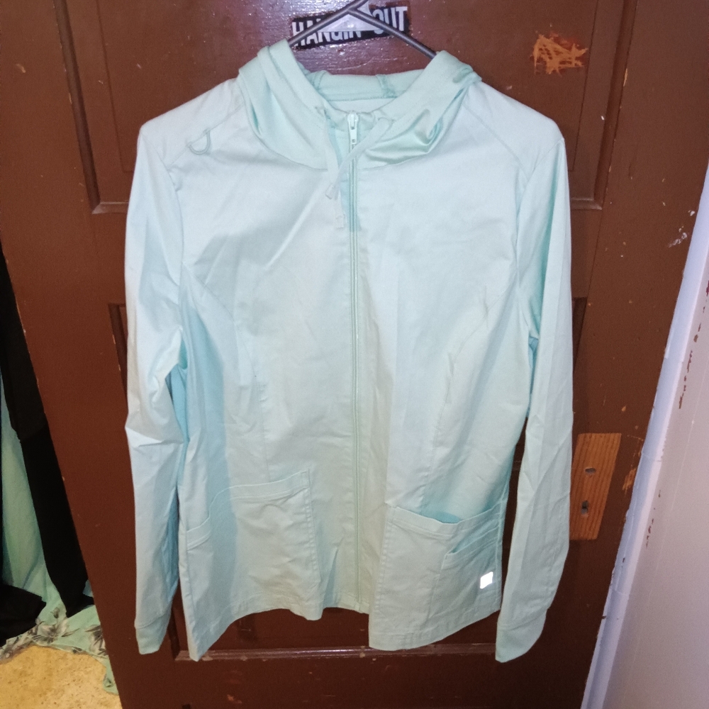 EUC Butter Soft Stretch Mint Green Scrub Up Hooded Jacket M